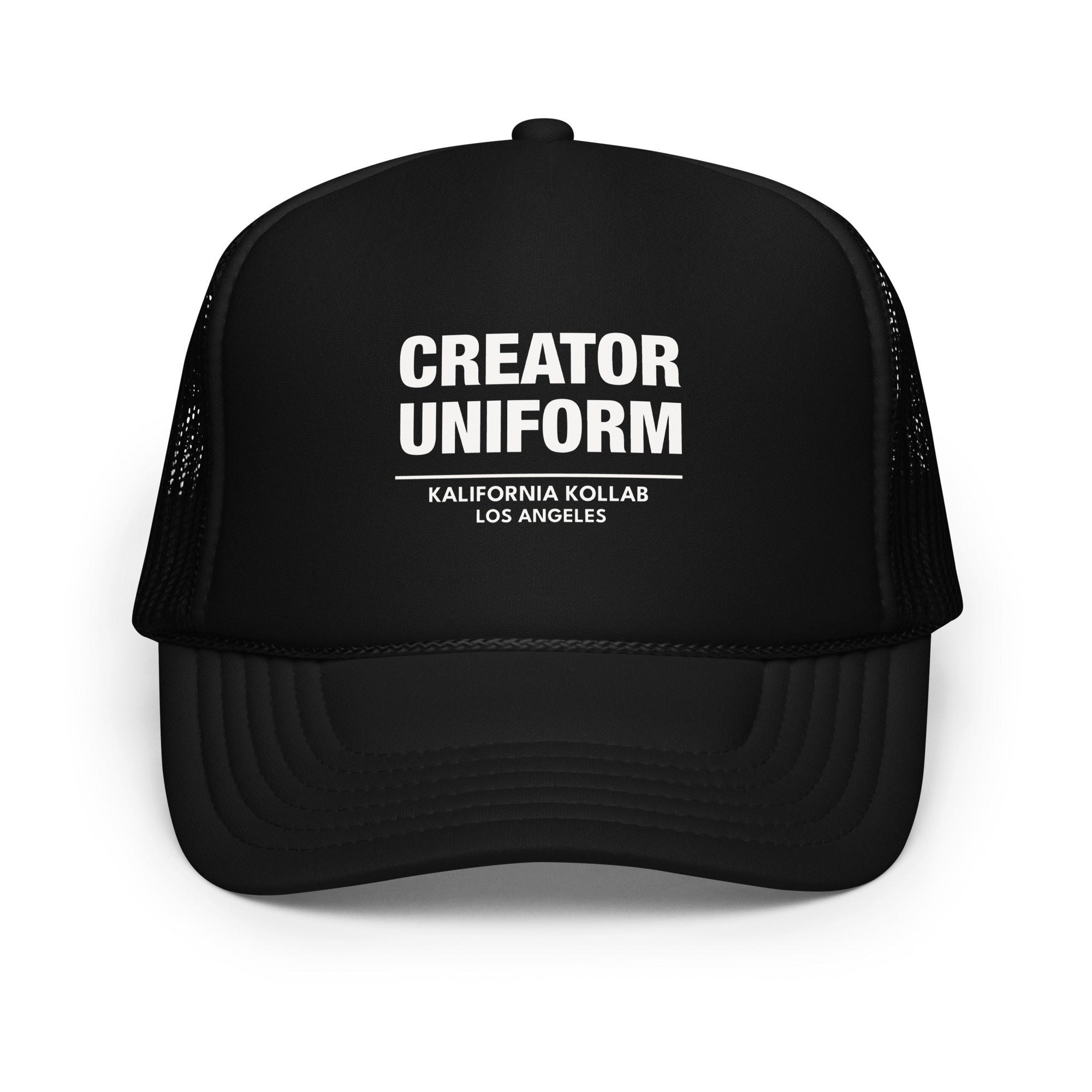 Black trucker cap with Creator Uniform logo on a white background