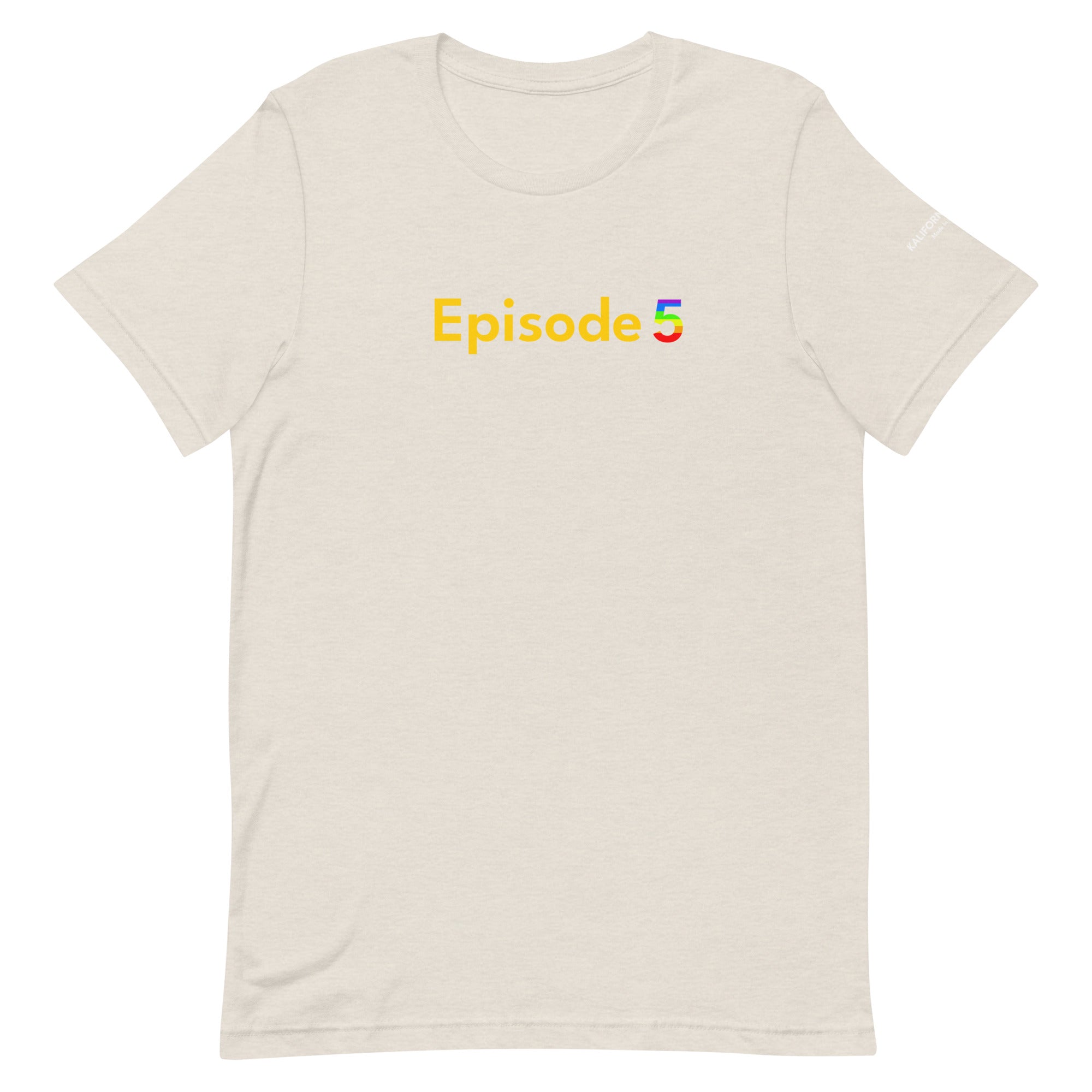 Minimalist Episode 5 t-shirt flat lay, modern unisex tee inspired by pop culture, inclusivity, and queer representation.