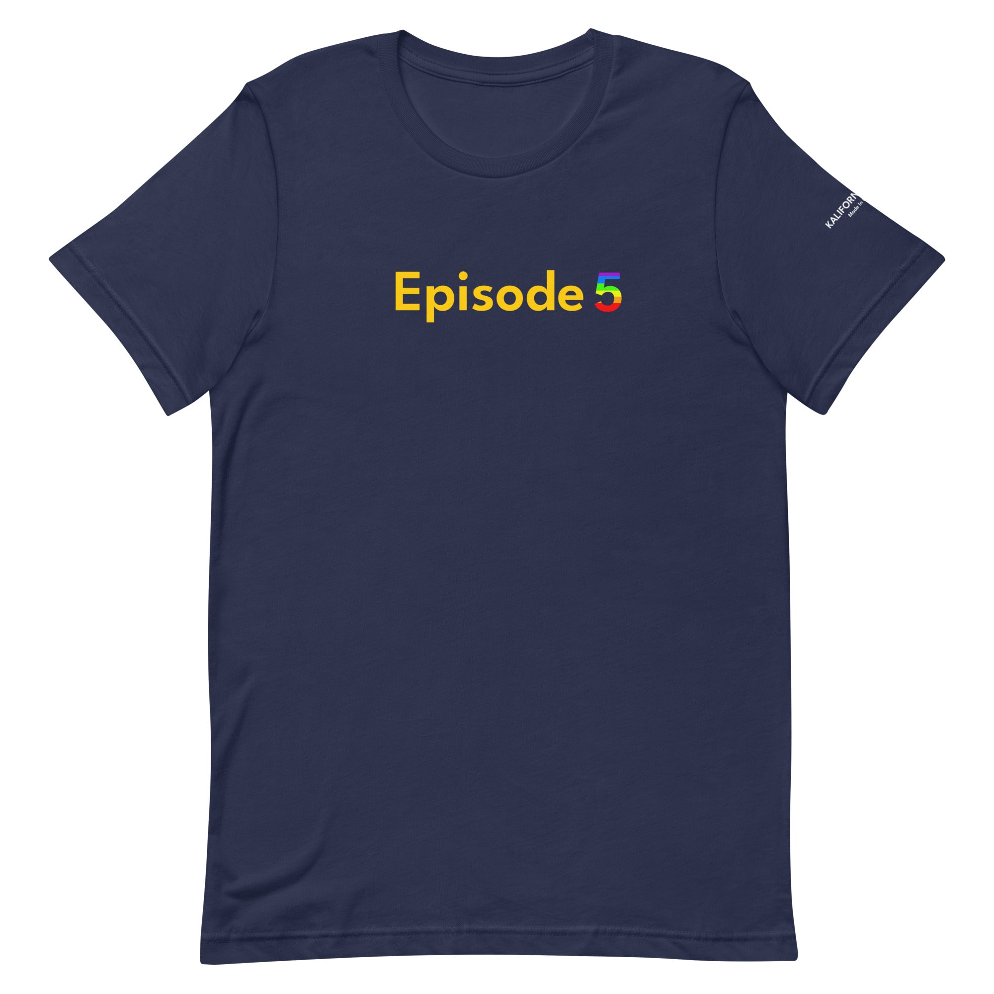 Model wearing Episode 5 unisex t-shirt, a subtle LGBTQ-inspired fashion piece celebrating diversity, representation, and iconic television moments.