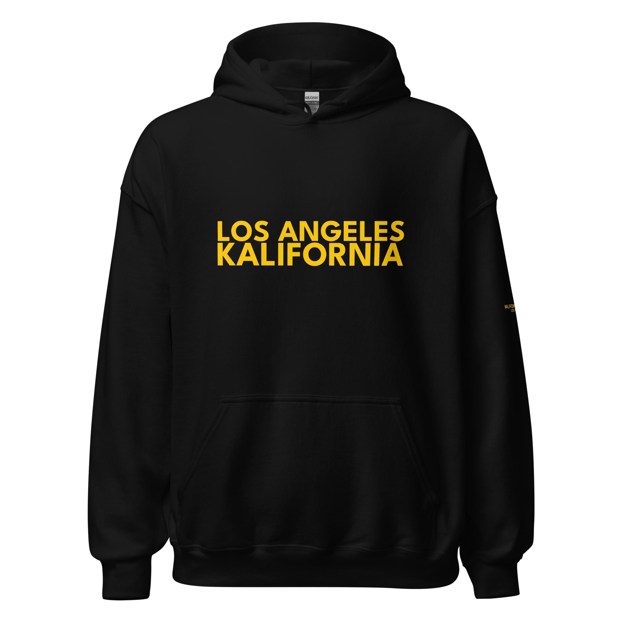 “Unisex black Los Angeles hoodie with yellow text front design”