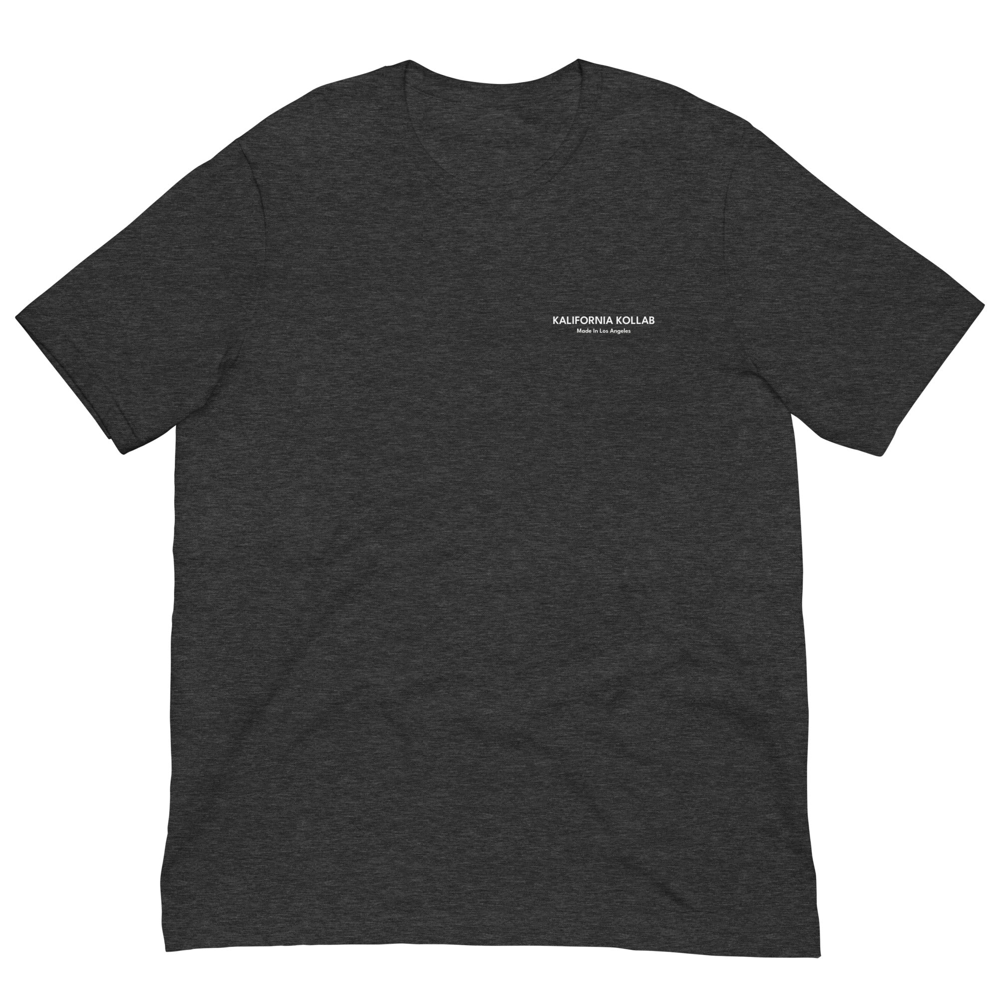 Dark gray t-shirt with a small white logo on a white background