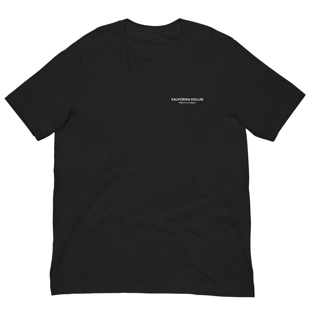 Black t-shirt with white text on a white background