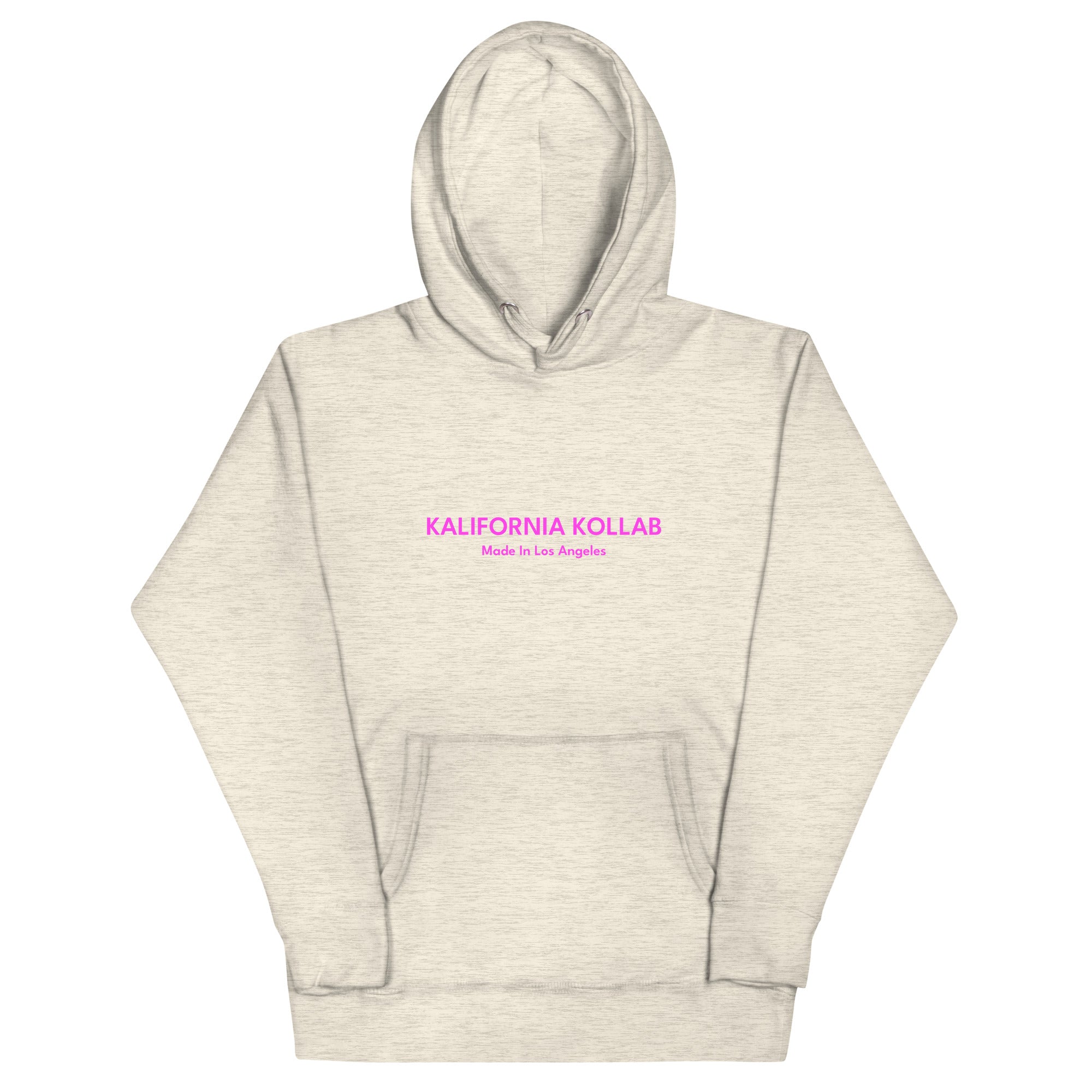 Beige hoodie with pink text on a white background