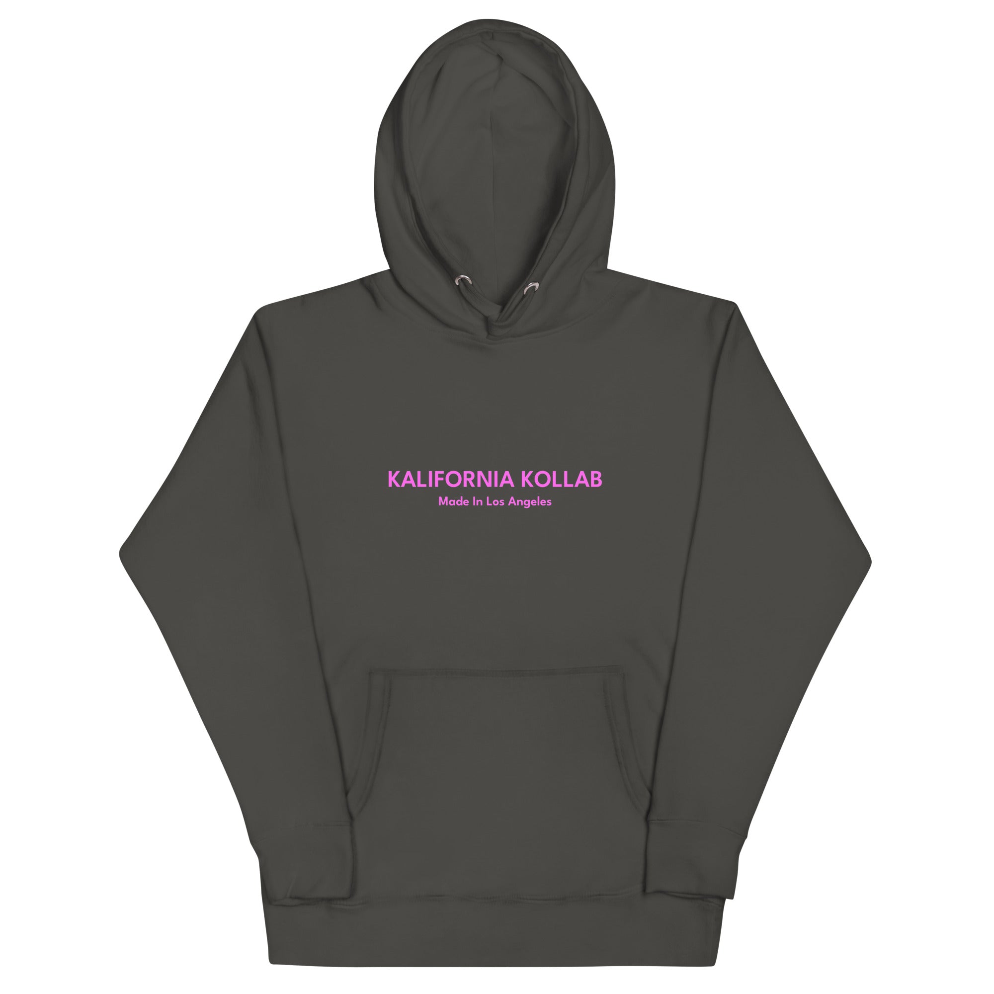 Dark gray hoodie with pink text on a white background