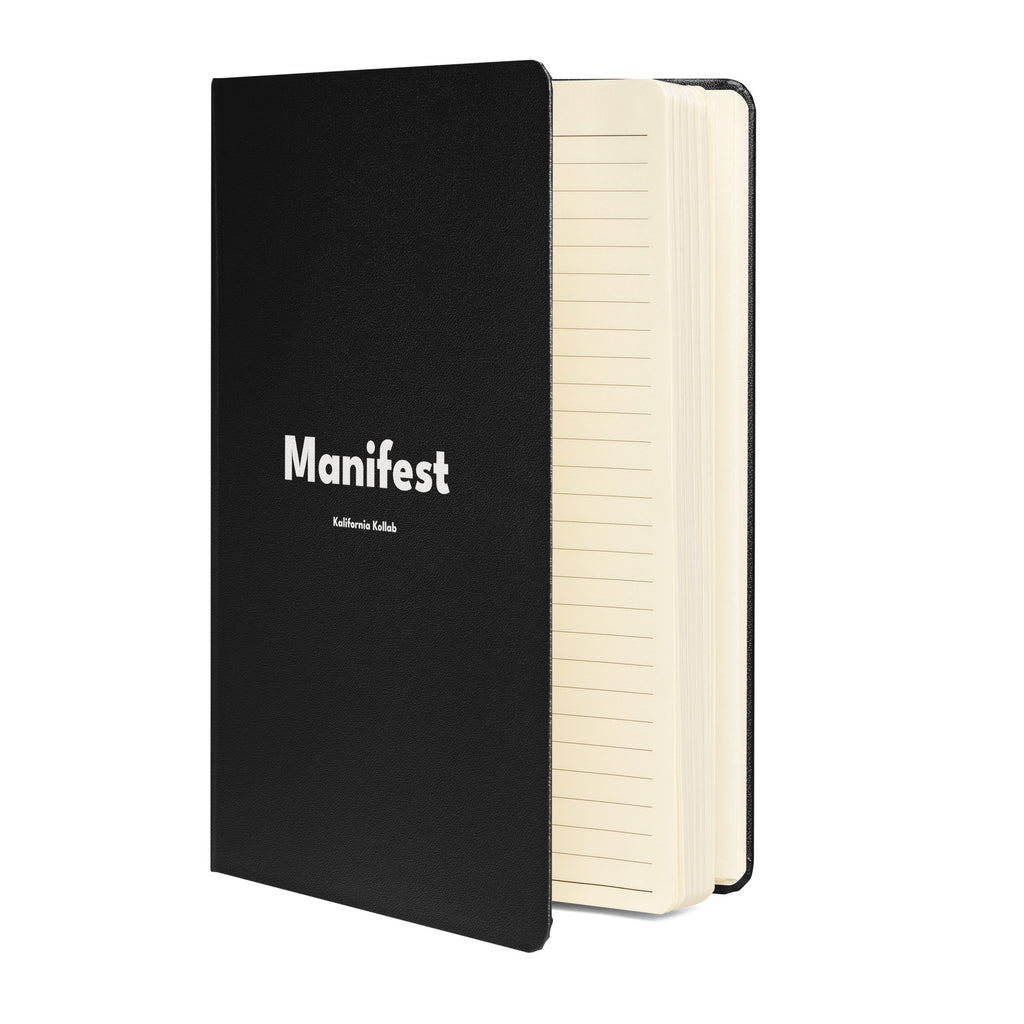 Black notebook with 'Manifest' branding on a white background