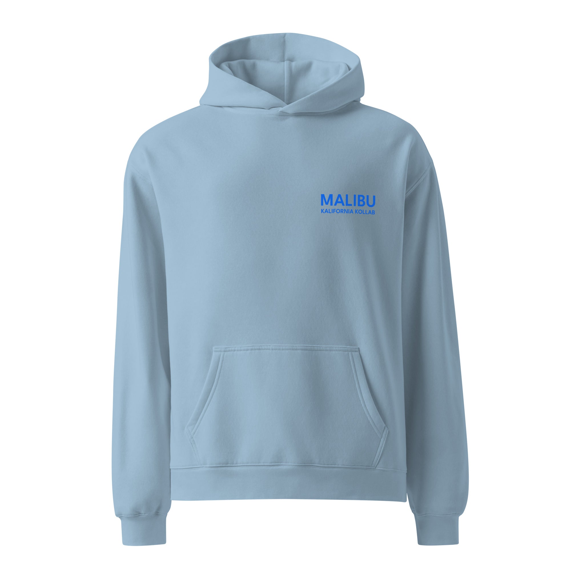 Light blue Malibu ocean hoodie with calm brings clarity text on a white background
