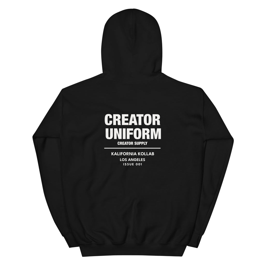 Artist Uniform hoodie by Kalifornia Kollab worn by a creative professional, premium heavyweight fleece hoodie from the Creator Supply collection designed for creators building something