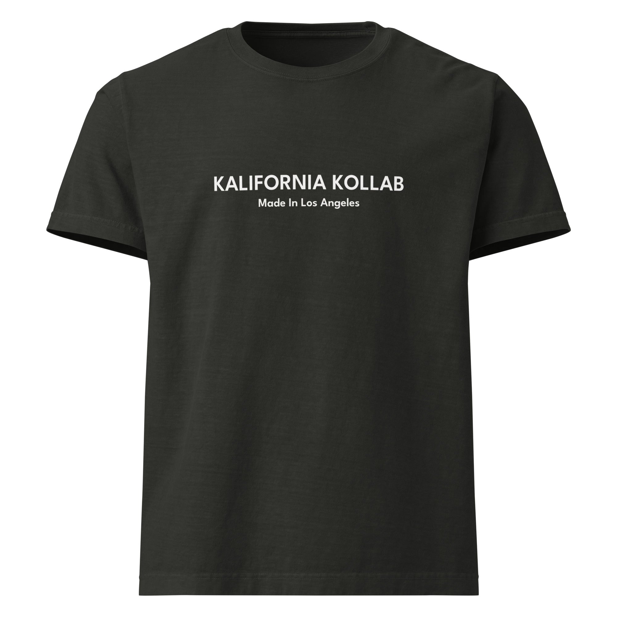 Black t-shirt with 'KALIFORNIA KOLLAB Made In Los Angeles' text on a white background