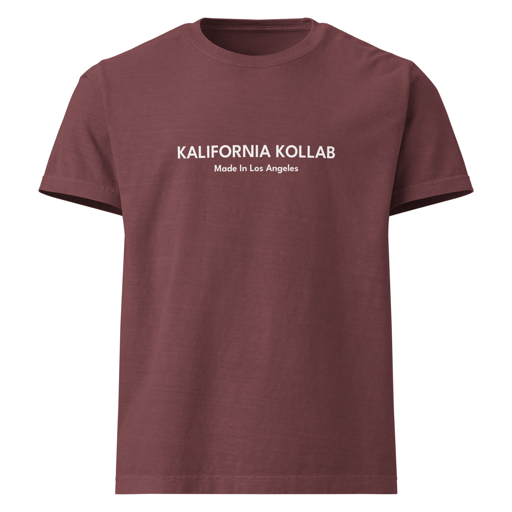 Maroon t-shirt with 'Kalifornia Kollab Made In Los Angeles' text on a white background