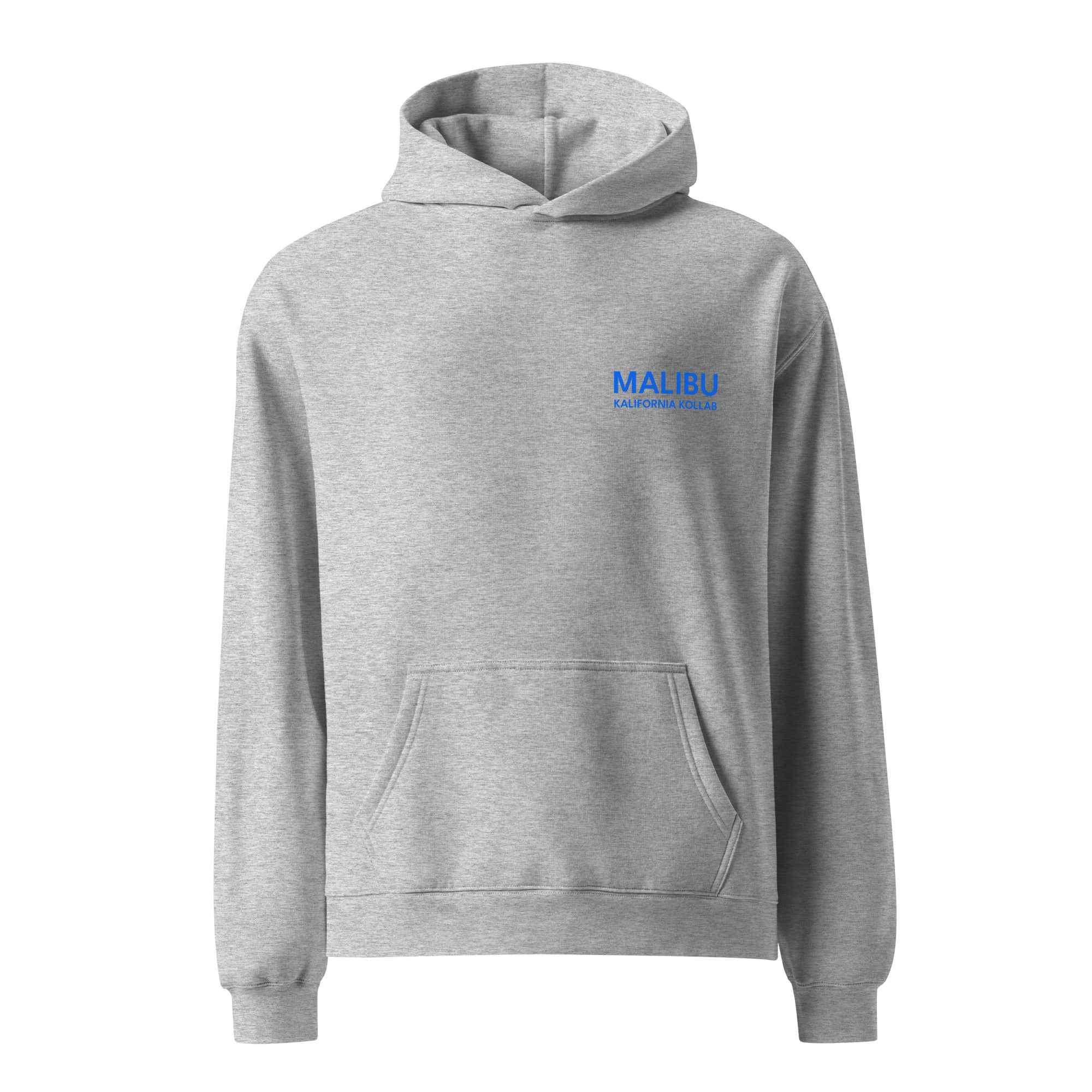 Gray hoodie with 'Malibu California' text on a white background