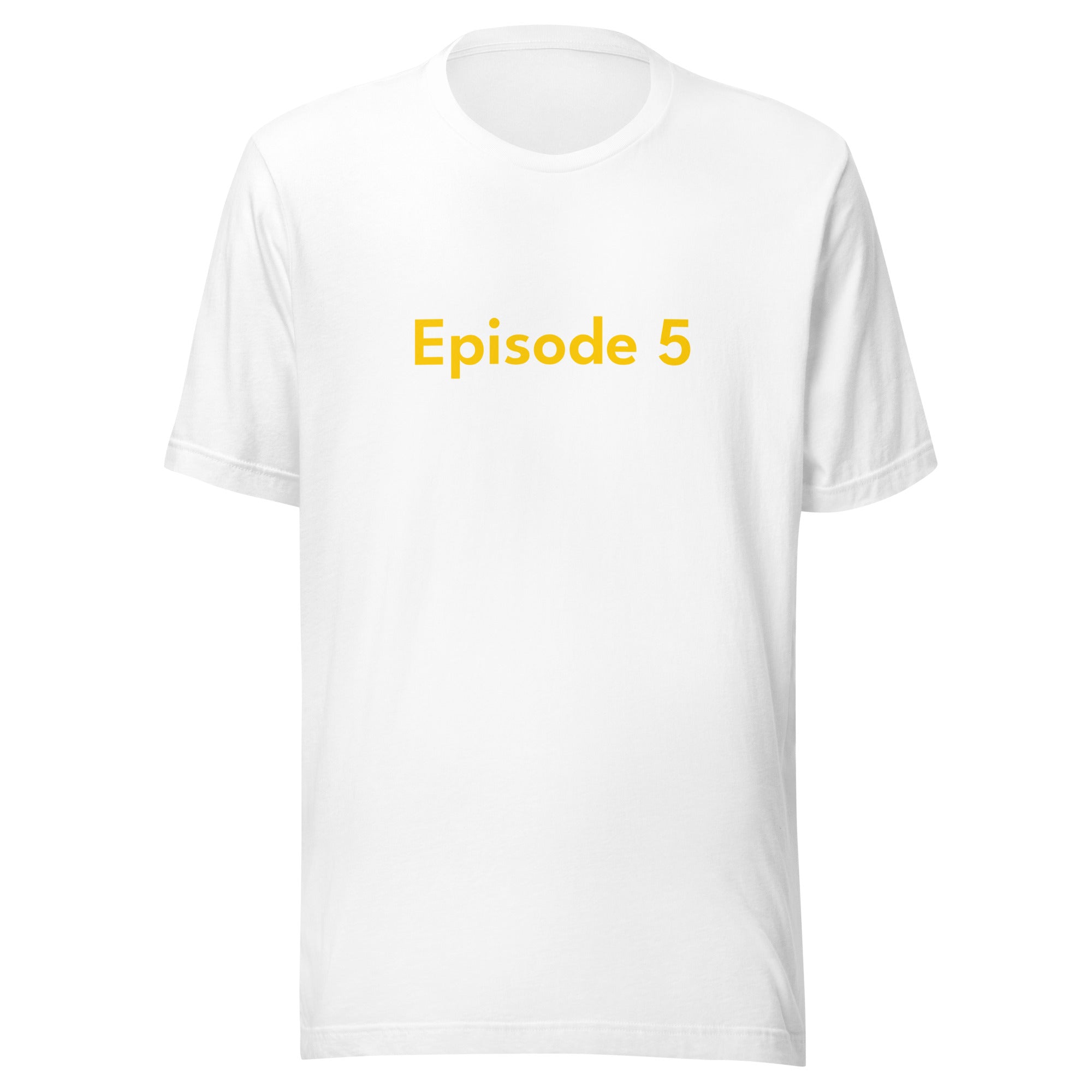 Minimalist Episode 5 t-shirt flat lay, modern unisex tee inspired by pop culture, inclusivity, and queer representation.